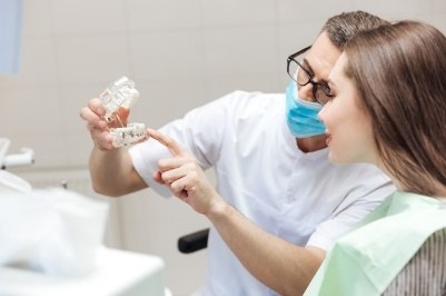 Dentist and patient talking about dental checkups and teeth cleanings