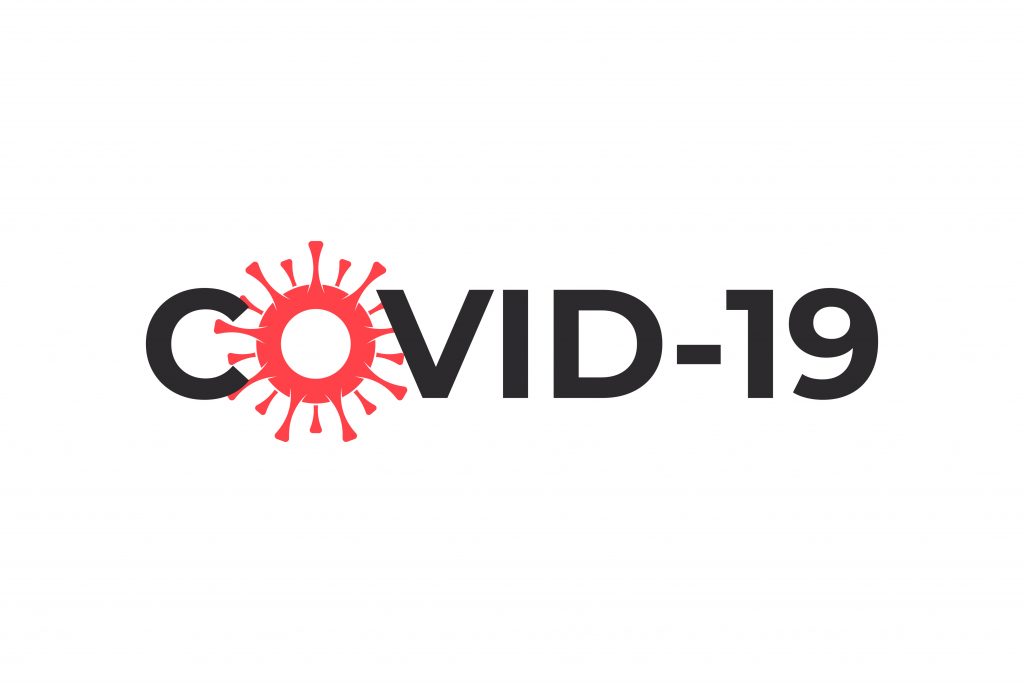 Logo for COVID-19 with artist’s interpretation of virus