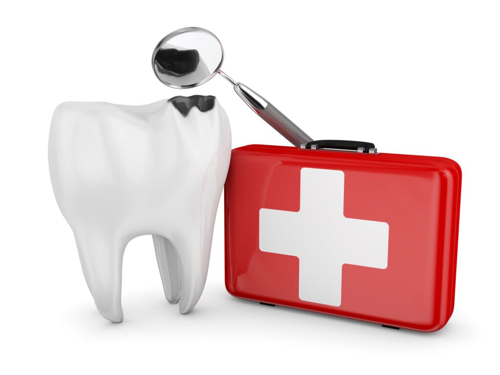 Rendering of damaged tooth next to red emergency kit
